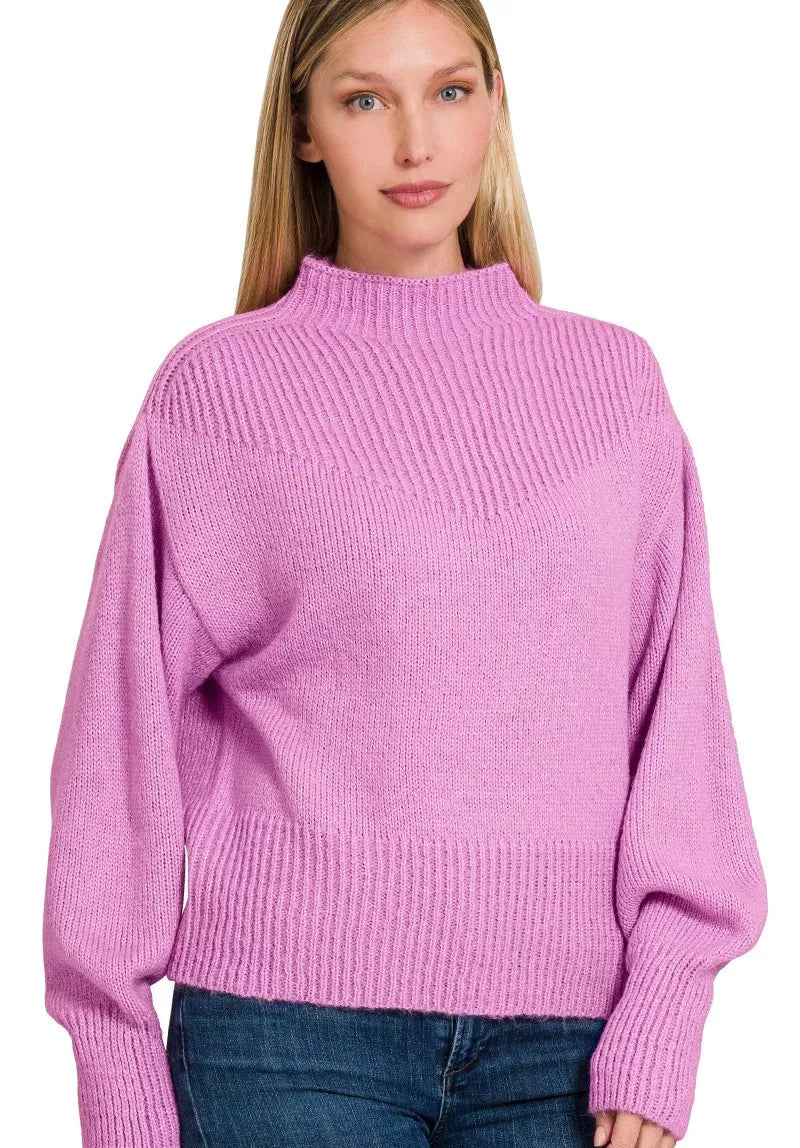 Zenana Womens Sweater Mauve Knit Balloon Sleeve Mock Neck Pullover Zenana_Womens_Sweater_Mauve_Knit_Balloon_Sleeve_Mock_Neck_Pullover Trendsi