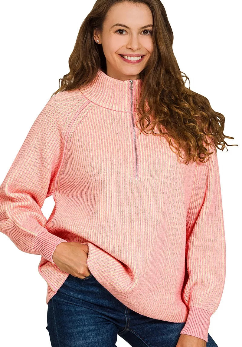 Zenana Womens Sweater Pink Ribbed Two Tone Half Zip High Collar DK PINK TAUPE Zenana_Womens_Sweater_Pink_Ribbed_Two_Tone_Half_Zip_High_Collar Trendsi