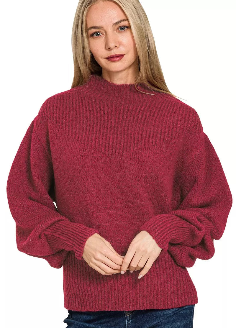 Zenana Womens Sweater Red Knit Balloon Sleeve Mock Neck Solid Pullover Zenana_Womens_Sweater_Red_Knit_Balloon_Sleeve_Mock_Neck_Solid_Pullover Trendsi