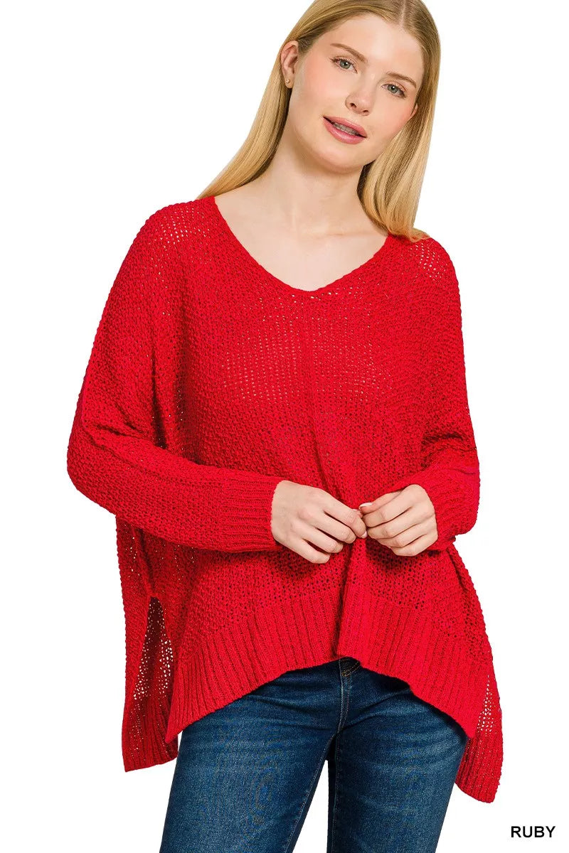 Zenana Womens Sweater Red Oversized Dolman Long Sleeve V-Neck Pullover RUBY Zenana_Womens_Sweater_Red_Oversized_Dolman_Long_Sleeve_V-Neck_Pullover Trendsi