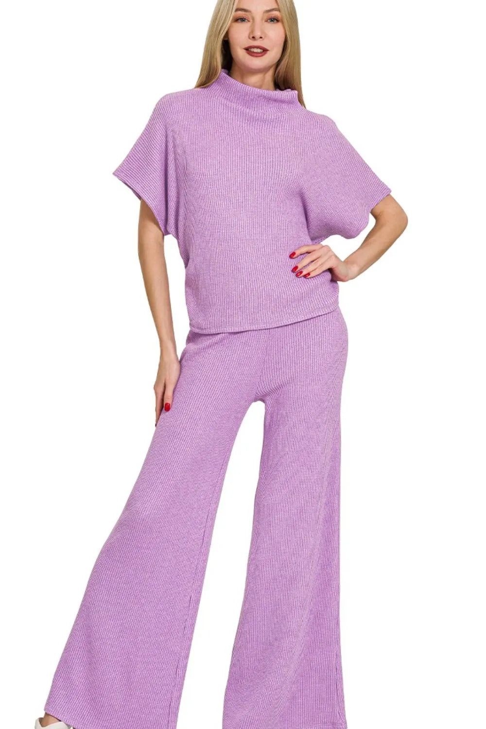 Zenana Womens Sweater Set Lavender Mock Neck Top Short Sleeve & Long Pants B LAVENDER Zenana_Womens_Sweater_Set_Lavender_Mock_Neck_Top_Short_Sleeve_Long_Pants Trendsi