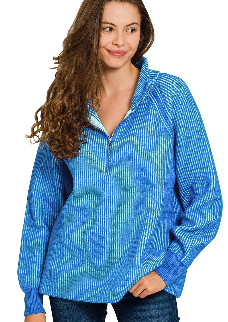 Zenana Womens Sweater Sly Blue Ribbed Two Tone Half Zip Top OCEAN BLUE SKY BLUE Zenana_Womens_Sweater_Sly_Blue_Ribbed_Two_Tone_Half_Zip_Top Trendsi