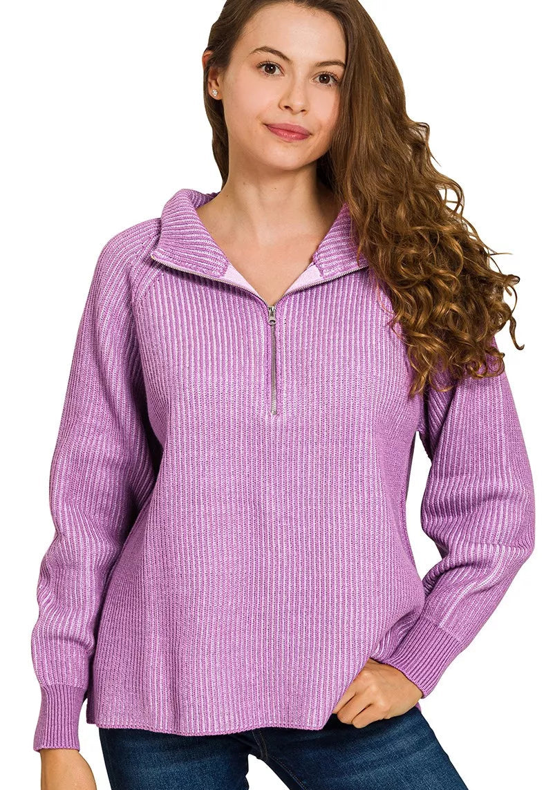 Zenana Womens Sweater Violet Ribbed Two Tone Half Zip Collared B VIOLET LAVENDER Zenana_Womens_Sweater_Violet_Ribbed_Two_Tone_Half_Zip_Collared Trendsi