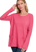 Zenana Womens Sweater Viscose Magenta Long Sleeve Front Pockets Top H VIVA MAGENTA Zenana_Womens_Sweater_Viscose_Magenta_Long_Sleeve_Front_Pockets_Top Trendsi