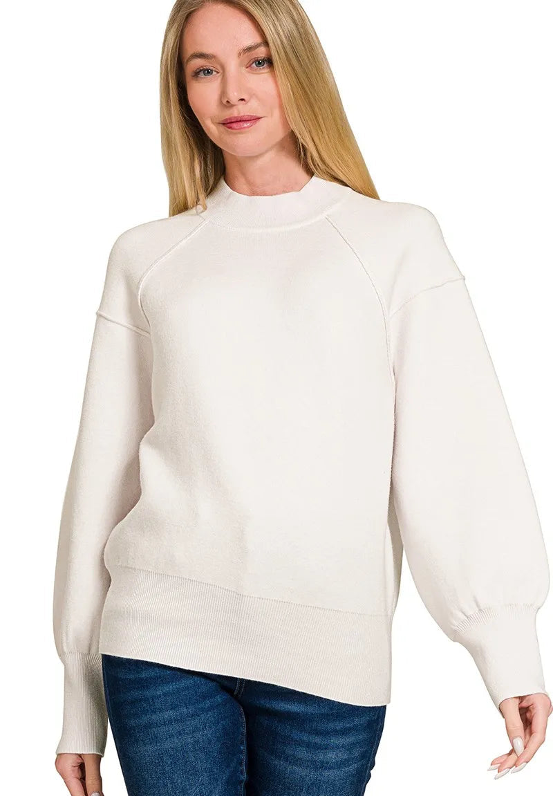 Zenana Womens Sweater Viscose Off White Mock Neck Exposed Seam Pullover OFF WHITE Zenana_Womens_Sweater_Viscose_Off_White_Mock_Neck_Exposed_Seam_Pullover Trendsi