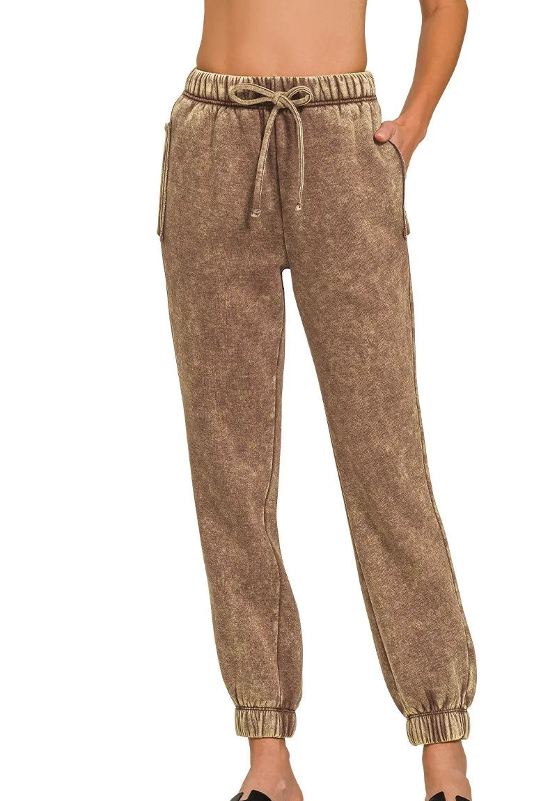 Zenana Womens Sweatpants Brown Acid Wash Fleece with Pockets BROWN Zenana_Womens_Sweatpants_Brown_Acid_Wash_Fleece_with_Pockets Trendsi