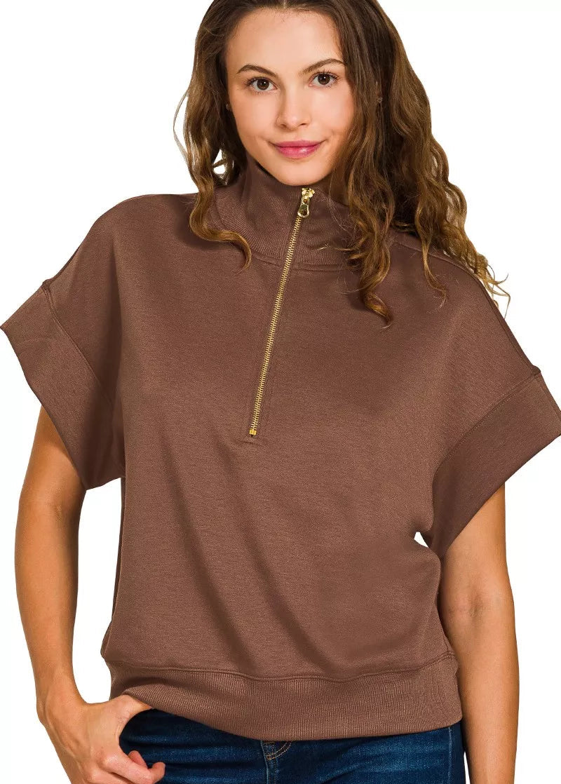 Zenana Womens Sweatshirt Brown Scuba High Neck Half Zip Short Sleeve Top BROWN Zenana_Womens_Sweatshirt_Brown_Scuba_High_Neck_Half_Zip_Short_Sleeve_Top Trendsi