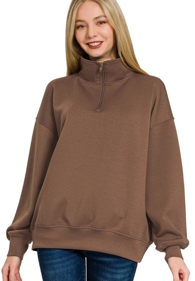Zenana Womens Sweatshirt Brown Scuba Quarter-Zip Collared Casual Top BROWN Zenana_Womens_Sweatshirt_Brown_Scuba_Quarter-Zip_Collared_Casual_Top Trendsi