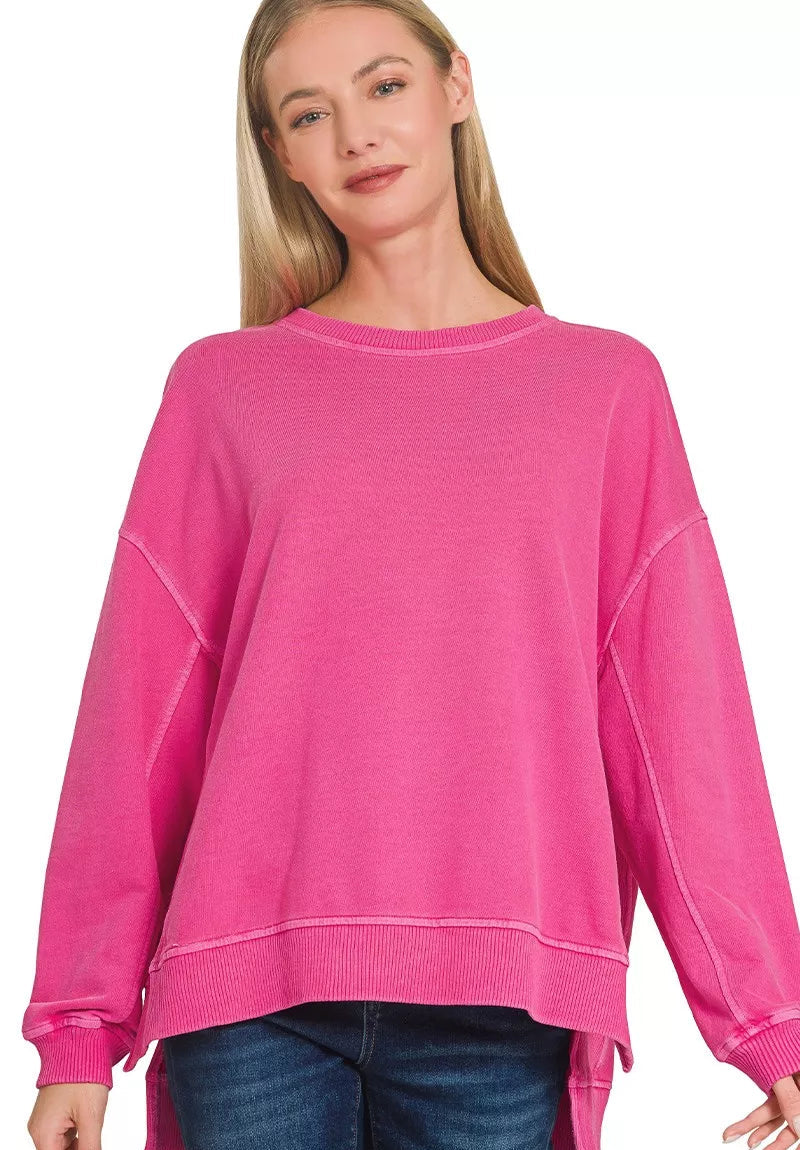 Zenana Womens Sweatshirt Hot Pink French Terry Pigment Dye & Enzyme Wash HOT PINK