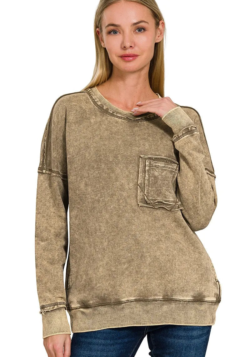 Zenana Womens Sweatshirt Mocha French Terry Washed Raw Edge Front Pocket MOCHA Zenana_Womens_Sweatshirt_Mocha_French_Terry_Washed_Raw_Edge_Front_Pocket Trendsi