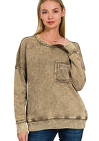 Zenana Womens Sweatshirt Mocha French Terry Washed Raw Edge Front Pocket MOCHA Zenana_Womens_Sweatshirt_Mocha_French_Terry_Washed_Raw_Edge_Front_Pocket Trendsi
