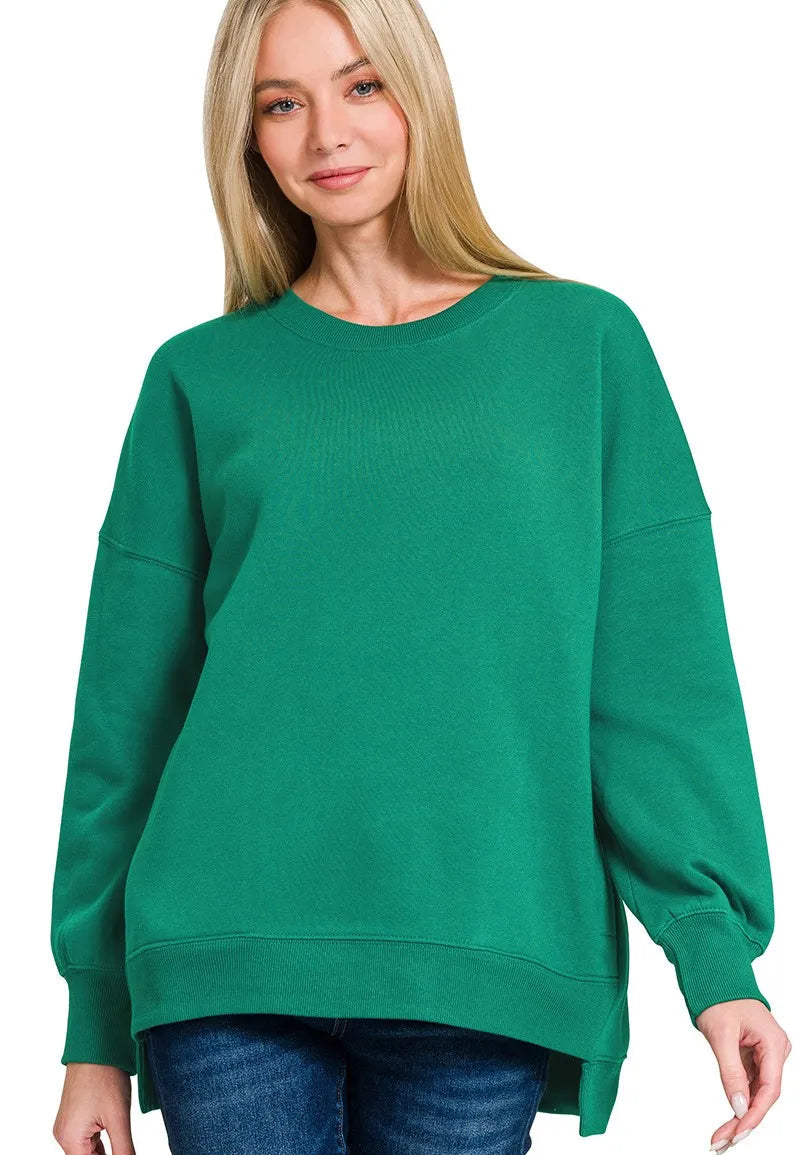 Zenana Womens Sweatshirts Fleece Green Hi-low Boyfriend with Pockets FOREST Zenana_Womens_Sweatshirts_Fleece_Green_Hi-low_Boyfriend_with_Pockets Trendsi