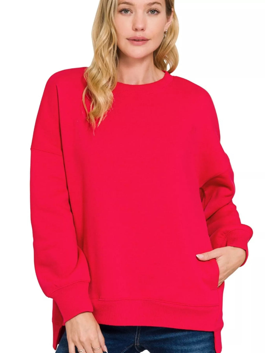 Zenana Womens Sweatshirts Fleece Ruby Red Hi-low Boyfriend with Pockets Plus Sizes RUBY Zenana_Womens_Sweatshirts_Fleece_Ruby_Red_Hi-low_Boyfriend_with_Pockets_Plus_Sizes Trendsi