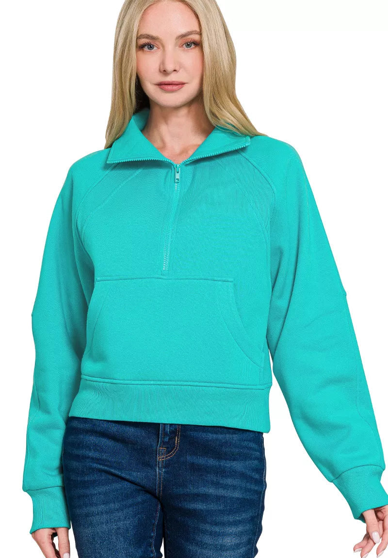 Zenana Womens Sweatshirts Turquiose Fleece Half Zip Kangaroo Pocket TURQUOISE Zenana_Womens_Sweatshirts_Turquiose_Fleece_Half_Zip_Kangaroo_Pocket Trendsi