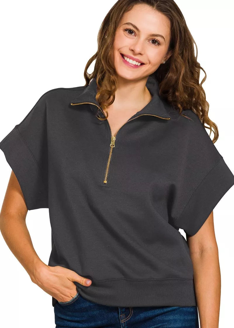 Zenana Womens Sweatsirt Black Scuba High Neck Half Zip Short Sleeve Top Zenana_Womens_Sweatsirt_Black_Scuba_High_Neck_Half_Zip_Short_Sleeve_Top Trendsi