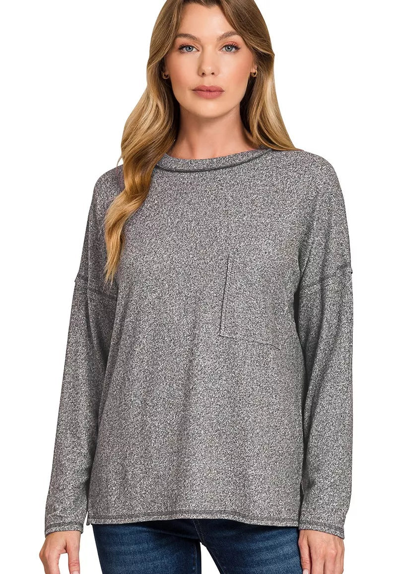 Zenana Womens T-Shirt Black Soft Melange Hacci Round-Neck Long Sleeve BLACK Zenana_Womens_T-Shirt_Black_Soft_Melange_Hacci_Round-Neck_Long_Sleeve Trendsi