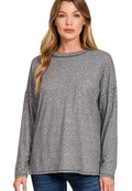 Zenana Womens T-Shirt Black Soft Melange Hacci Round-Neck Long Sleeve BLACK Zenana_Womens_T-Shirt_Black_Soft_Melange_Hacci_Round-Neck_Long_Sleeve Trendsi