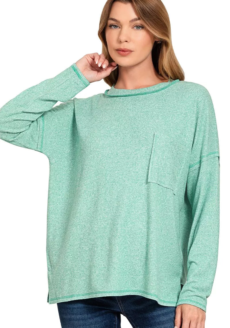 Zenana Womens T-Shirt Green Soft Melange Hacci Round-Neck Long Sleeve K GREEN Zenana_Womens_T-Shirt_Green_Soft_Melange_Hacci_Round-Neck_Long_Sleeve Trendsi