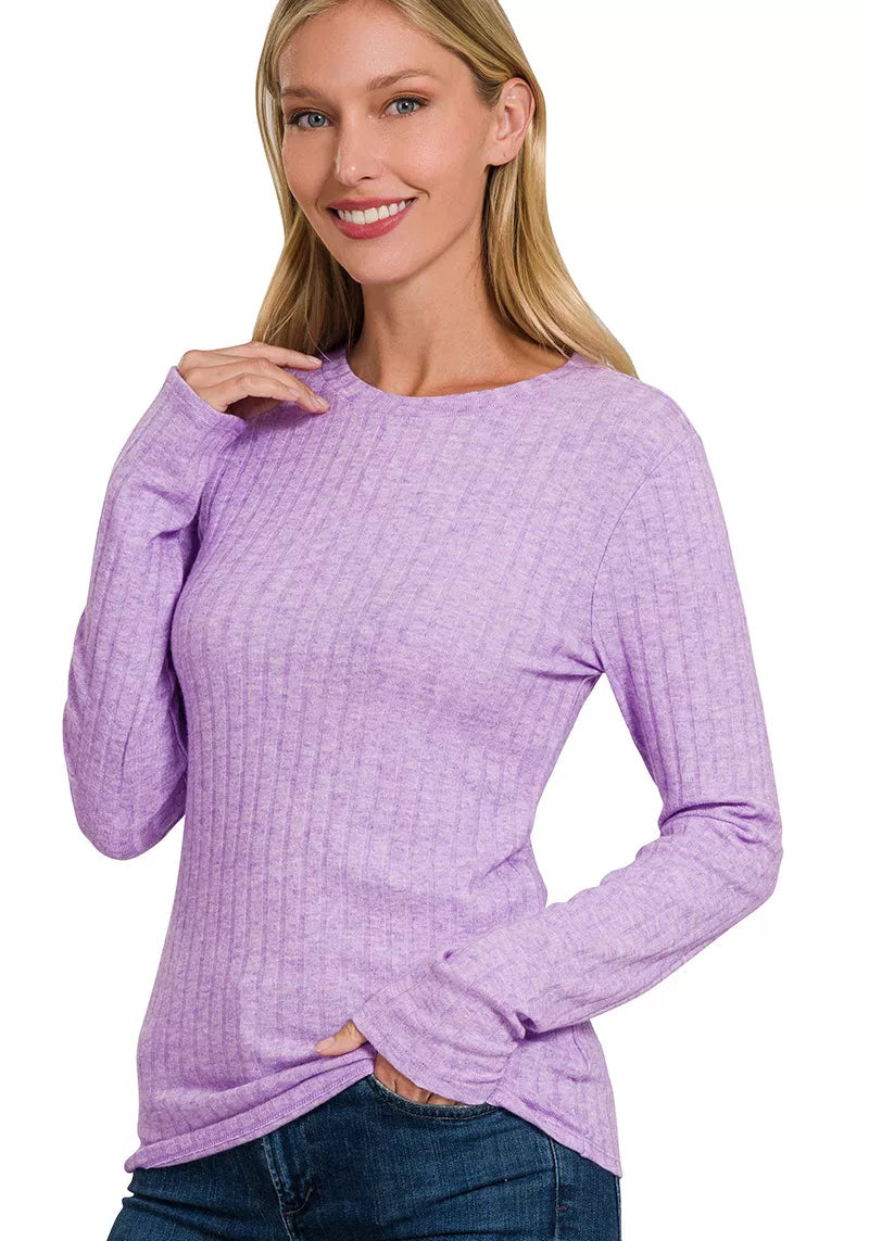 Zenana Womens T-Shirt Lavender Ribbed Long Sleeve Round Neck Top LAVENDER Zenana_Womens_T-Shirt_Lavender_Ribbed_Long_Sleeve_Round_Neck_Top Trendsi