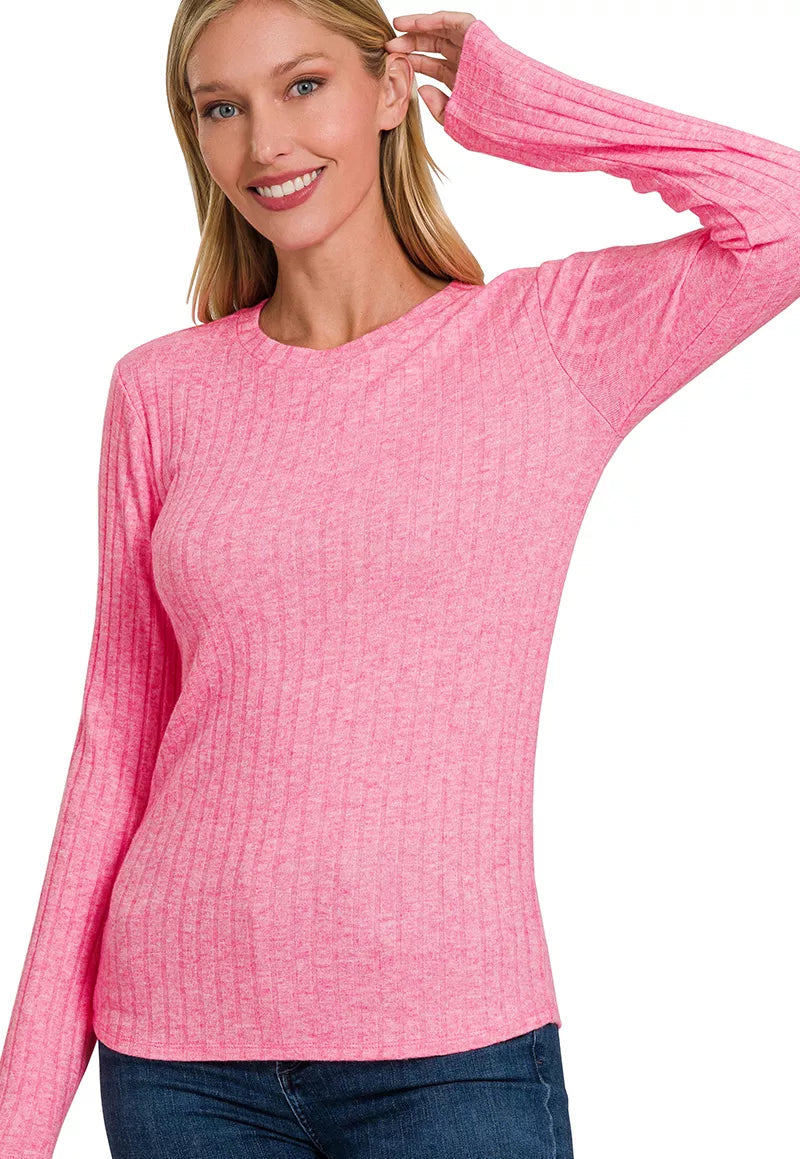 Zenana Womens T-Shirt Pink Ribbed Long Sleeve Round Neck Top FUCHSIA Zenana_Womens_T-Shirt_Pink_Ribbed_Long_Sleeve_Round_Neck_Top Trendsi