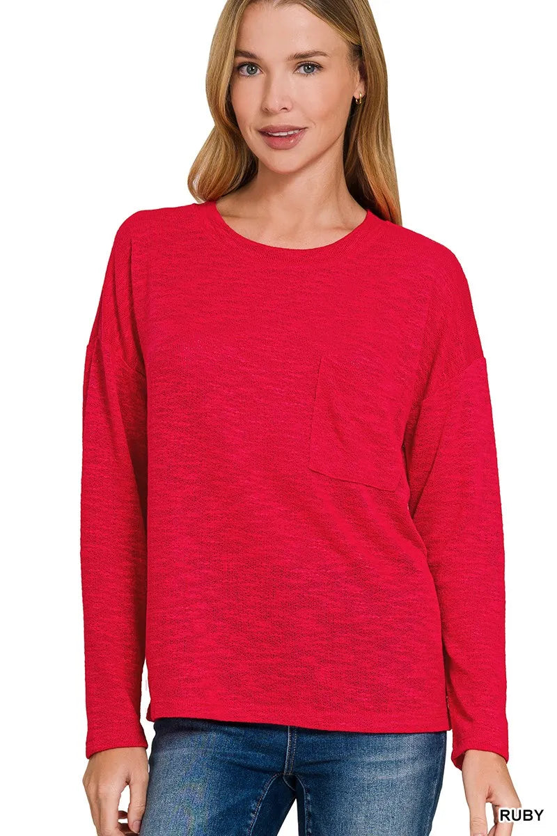 Zenana Womens T-Shirt Ruby Red Slub Hacci Long Sleeve Top RUBY Zenana_Womens_T-Shirt_Ruby_Red_Slub_Hacci_Long_Sleeve_Top Trendsi