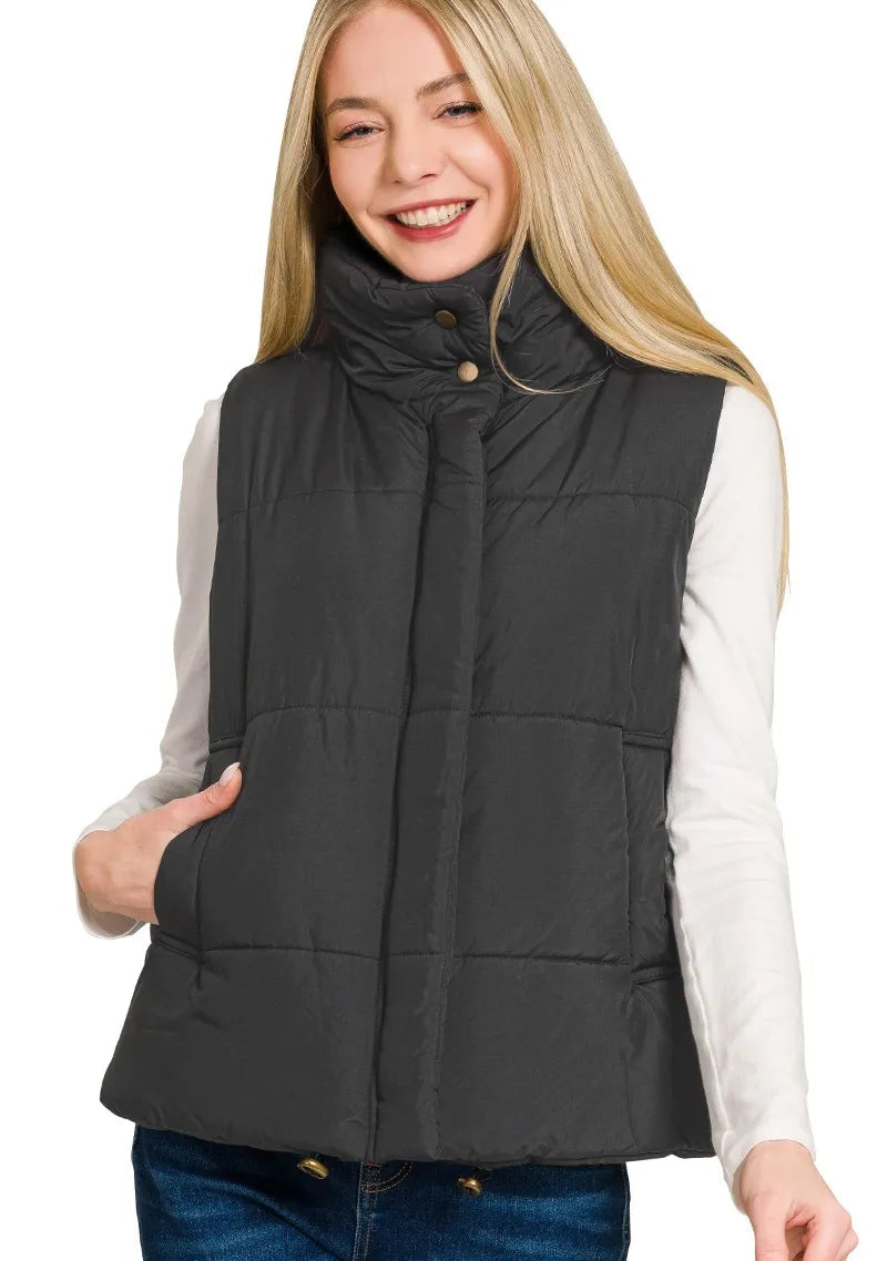 Zenana Womens Vest Coat Black Quilted High Neck Zip-Up Outwear BLACK Zenana_Womens_Vest_Coat_Black_Quilted_High_Neck_Zip-Up_Outwear Trendsi