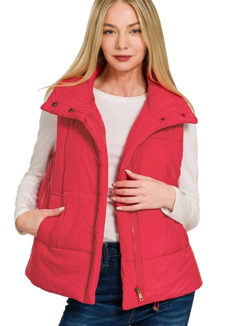 Zenana Womens Vest Red Quilted High Neck Zip-Up Coat RED Zenana_Womens_Vest_Red_Quilted_High_Neck_Zip-Up_Coat Trendsi
