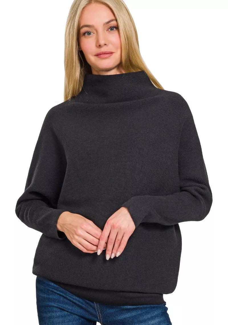 Zenana Womens Viscose Sweater Black Dolman Long Sleeve Mock Neck BLACK