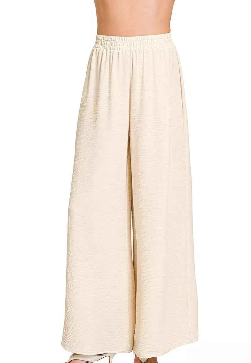 Zenana Woven Airflow Pants Sand Beige Elastic Waistband Women Casual Wide Leg S‑L - STYLEINGER