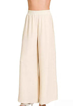 Zenana Woven Airflow Pants Sand Beige Elastic Waistband Women Casual Wide Leg S‑L - STYLEINGER