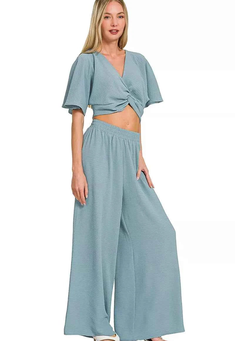 Zenana Woven Airflow Twisted Top & Wide Leg Pants Set Women Two-Piece Outfit S‑L - STYLEINGER