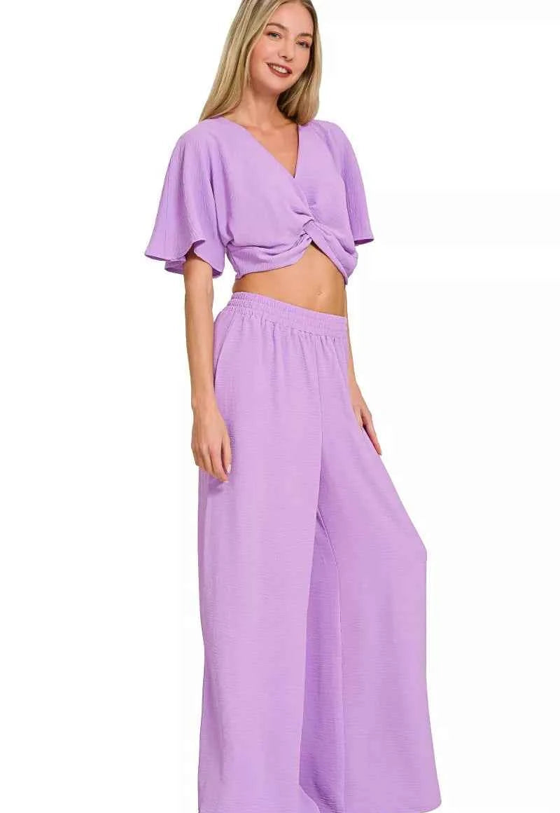 Zenana Woven Airflow Twisted Top & Wide Leg Pants Set