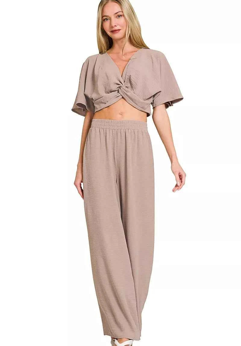 Zenana Woven Airflow Twisted Top & Wide Leg Pants Set – Women’s Two‑Piece Outfit