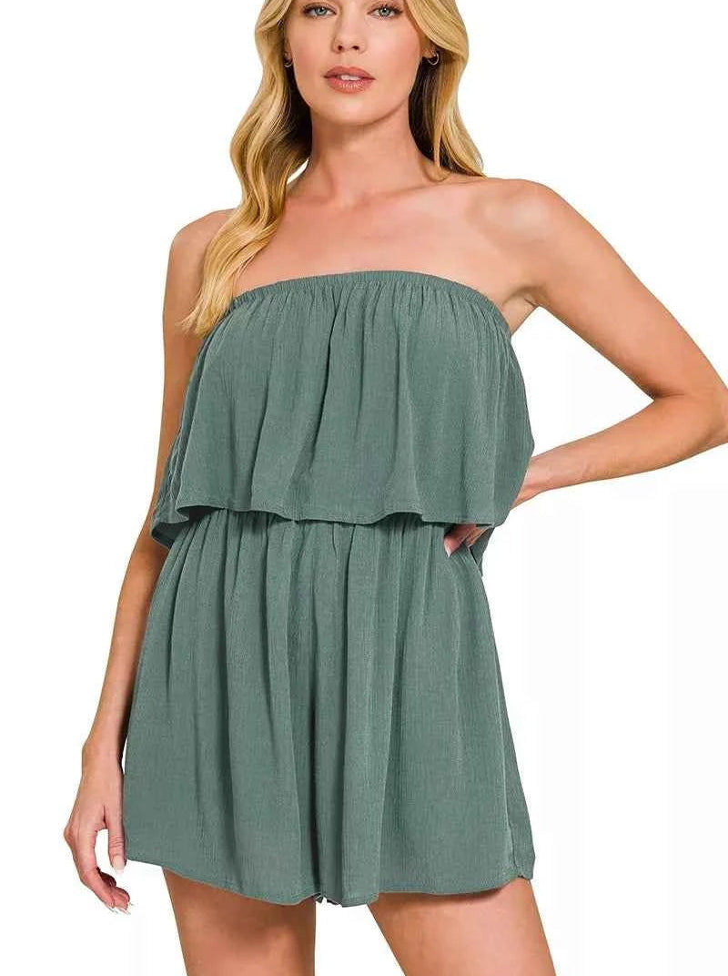 Zenana Woven Crinkle Strapless Rompers Women Casual Ash Jade Jumpsuit S‑L - STYLEINGER