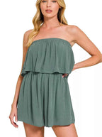 Zenana Woven Crinkle Strapless Rompers Women Casual Ash Jade Jumpsuit S‑L - STYLEINGER
