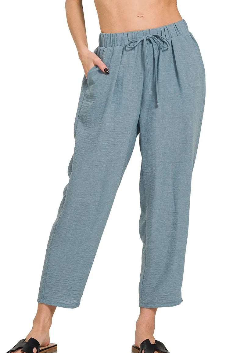 Zenana Woven Pants Women’s Wide Leg CroppedmCrepe Elastic Waist Casual Trousers - Styleinger