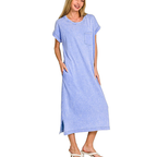 Zenana Midi Dress Casual Blue Washed Exposed Seam T-Shirt Dress with Pockets