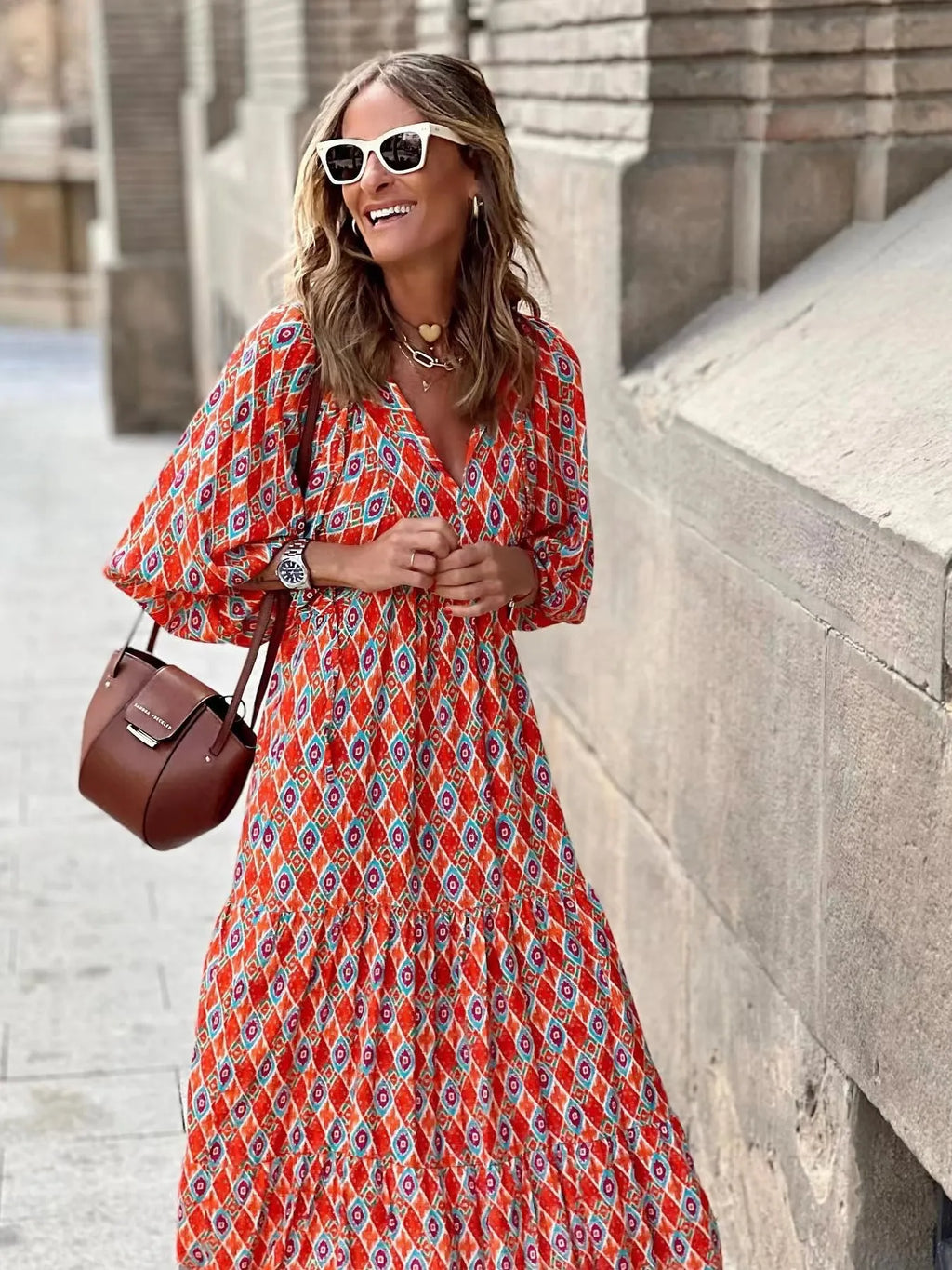 Maxi Dresses Colorful Printed V-Neck Balloon Short Sleeve Ruffled Oversized a004a9b2eb2a4cc4b1c378ba6a608263-Max-Origin Trendsi