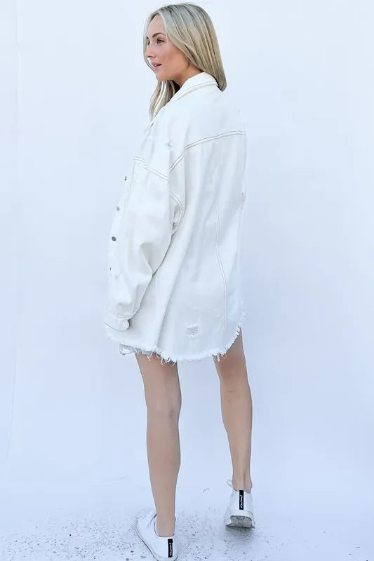 And The Why Distressed Washed Button Down Denim Shacket