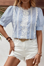 Women's Blouse Striped Lace Floral Detail Round Neck Half Sleeve Top a00ea7d8-0de8-4823-959f-d968802e234f-Max-Origin Trendsi