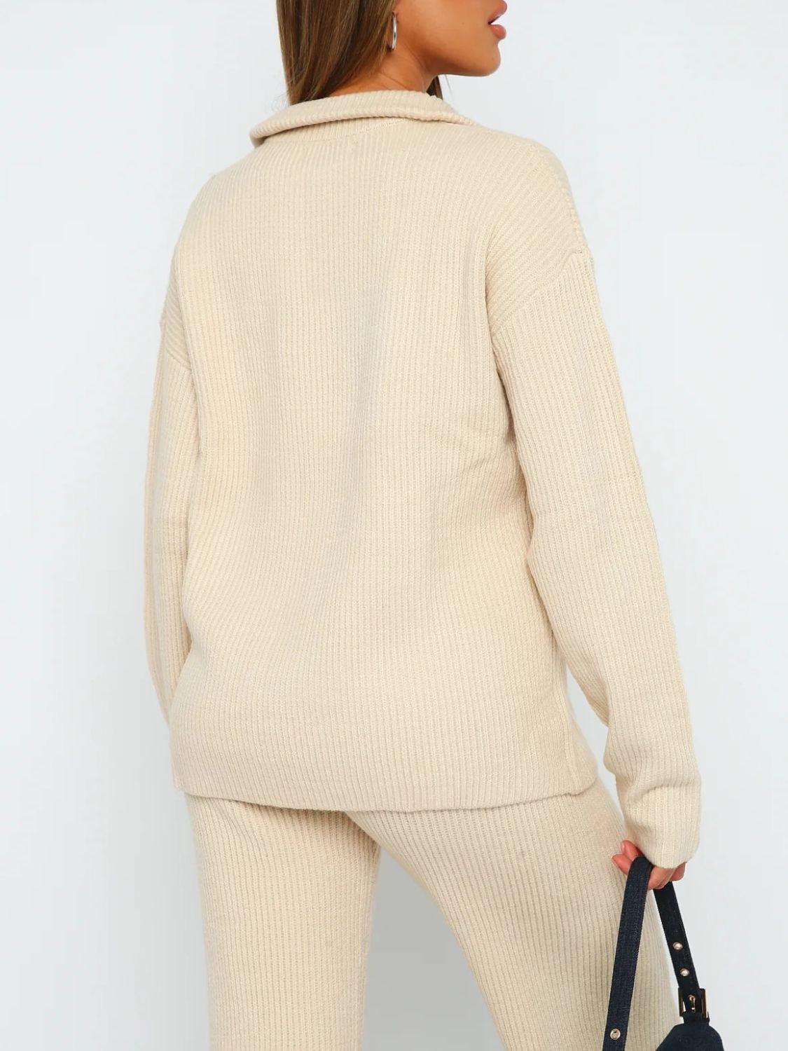 Outfit Set Ribbed Quarter Zip Long Sleeve Top and Pants Set a00f4134-c79b-4133-9dd9-c49f6b12059a-Max Trendsi