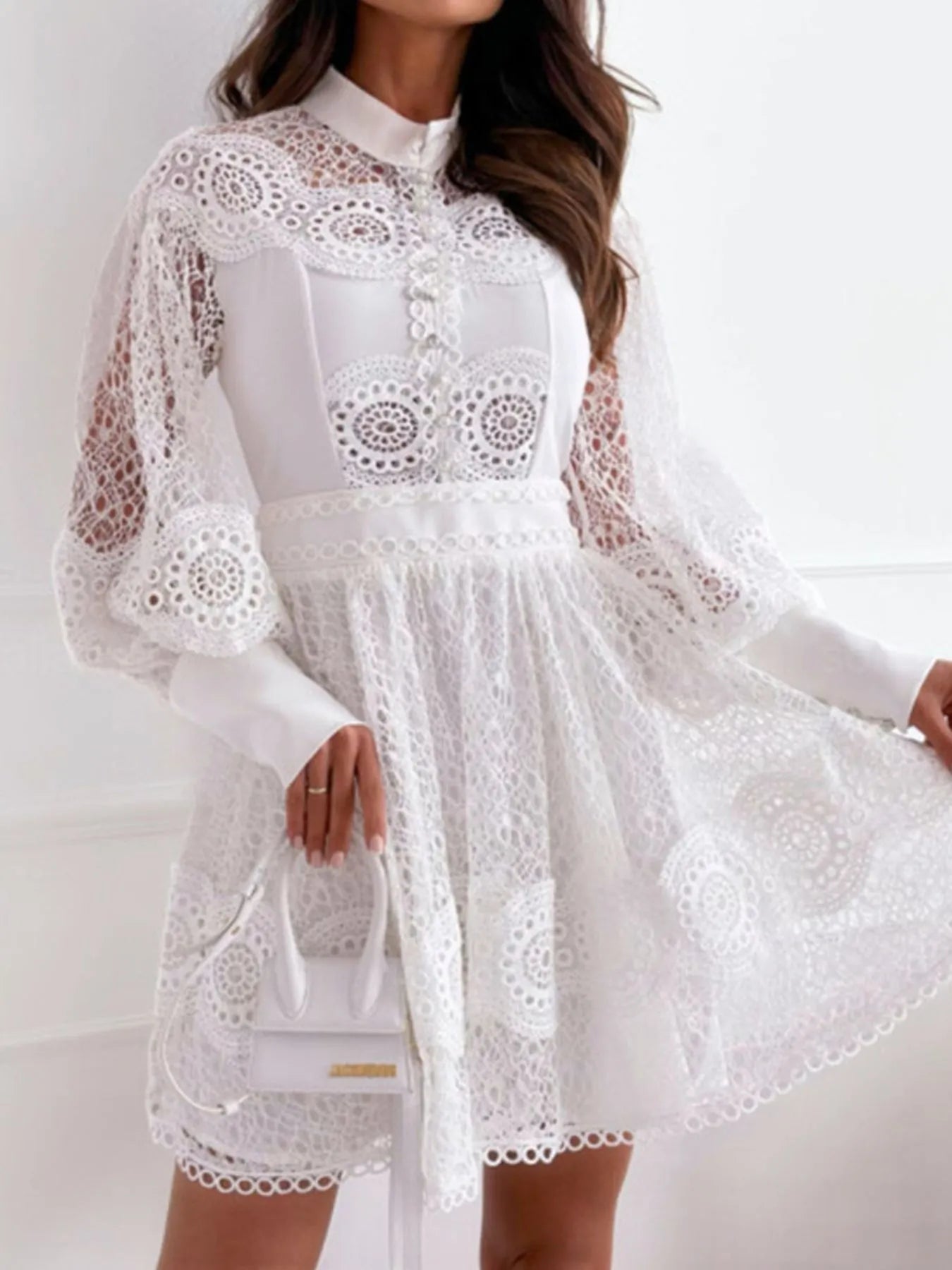 Mini Dress Floral Lace Lantern Long Sleeve Pearl Button High Neck Ruffled a012708a-de19-4c4c-b537-55201b0e6fa2-Max-Origin Trendsi