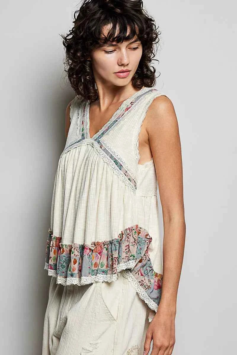 POL Lace Detail Ruffled Ribbed Sleeveless Top with Floral Pattern Trim Detail