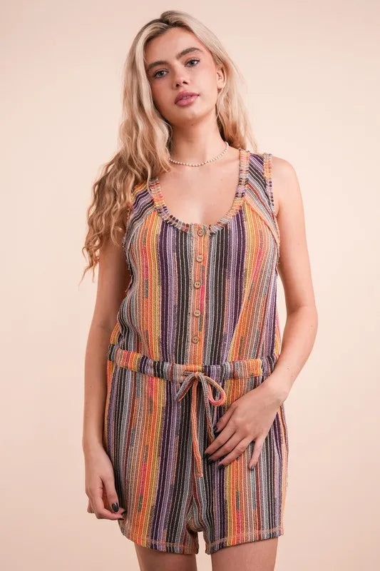 VERY J Romper Crochet Multi Brick Mix Color Striped Casual Summer Overall