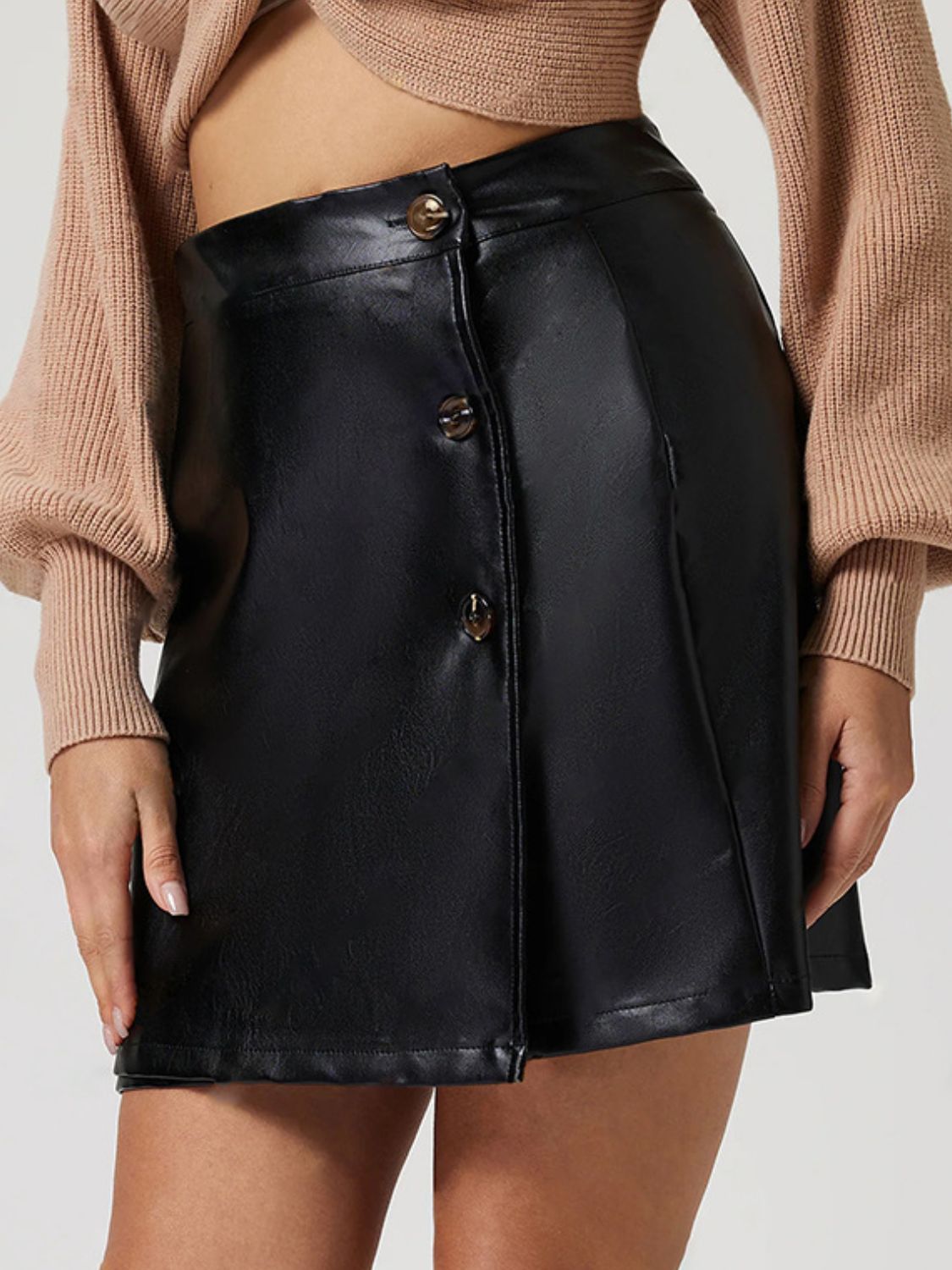 Mini Skirt Pu Leather Buttoned Front High Waisted Women Fashion Skirts