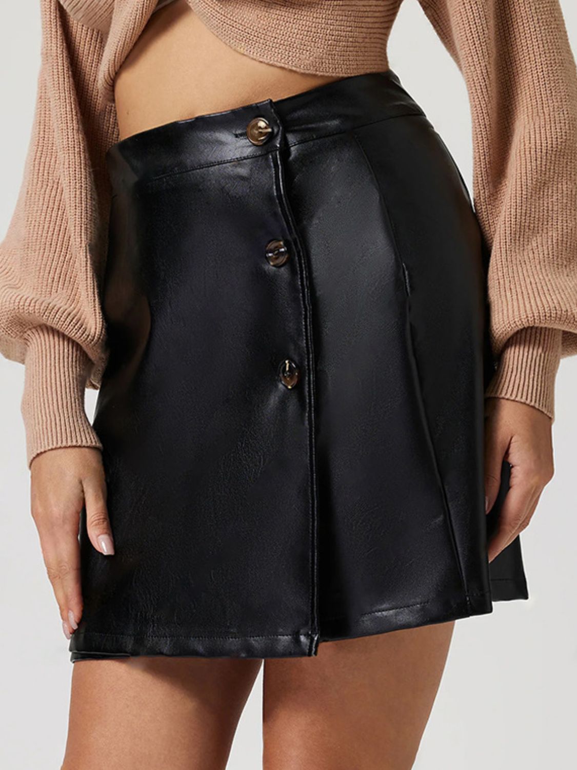 Mini Skirt Pu Leather Buttoned Front High Waisted Women Fashion Skirts a0422c1f-54bd-4ec1-9024-7c8c02ecf3c7-Max Trendsi