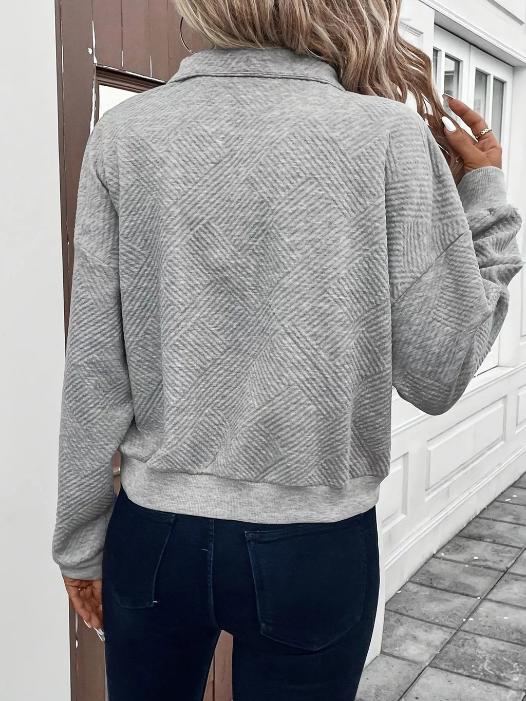 Womens Sweatshirt Textured Gray Half Zip Long Sleeve Top a047f2ecaf9b42d08f0dece00ec2ba3b-Max-Origin Trendsi