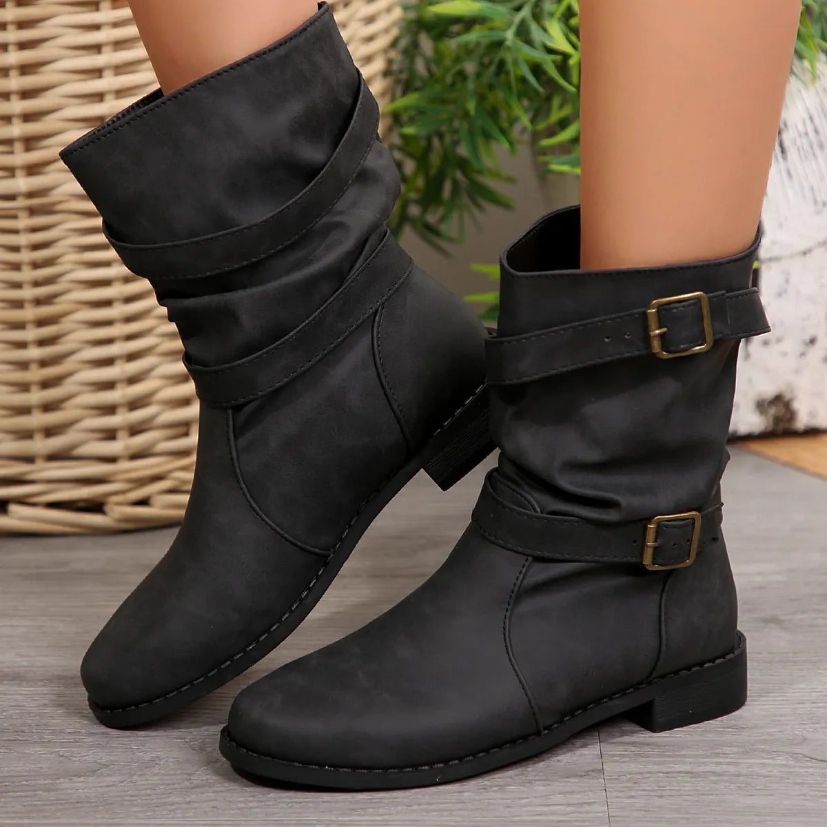 Women's Boots Mid-Calf Buckle Strap Pu Leather Low Heel Shoes a04a0ff5873c4a4c9f3dd3803aa82977-Max-Origin Trendsi