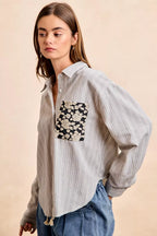 BiBi Womens Gray Stripe Shirt Black Flower Jacquard Knit Patch Pocket Top a04e2fc3a0f44c20afc7ab909f6c70a5-Max-Origin Trendsi