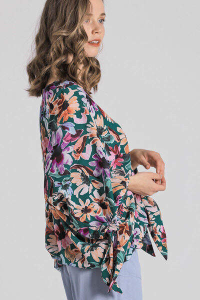 Umgee Blouse Green Floral Mix Print V-Neck Tie Long Sleeve Top Plus Sizes a052d9ad-ae9e-4f93-bd29-3d36abd16a29-Min Trendsi